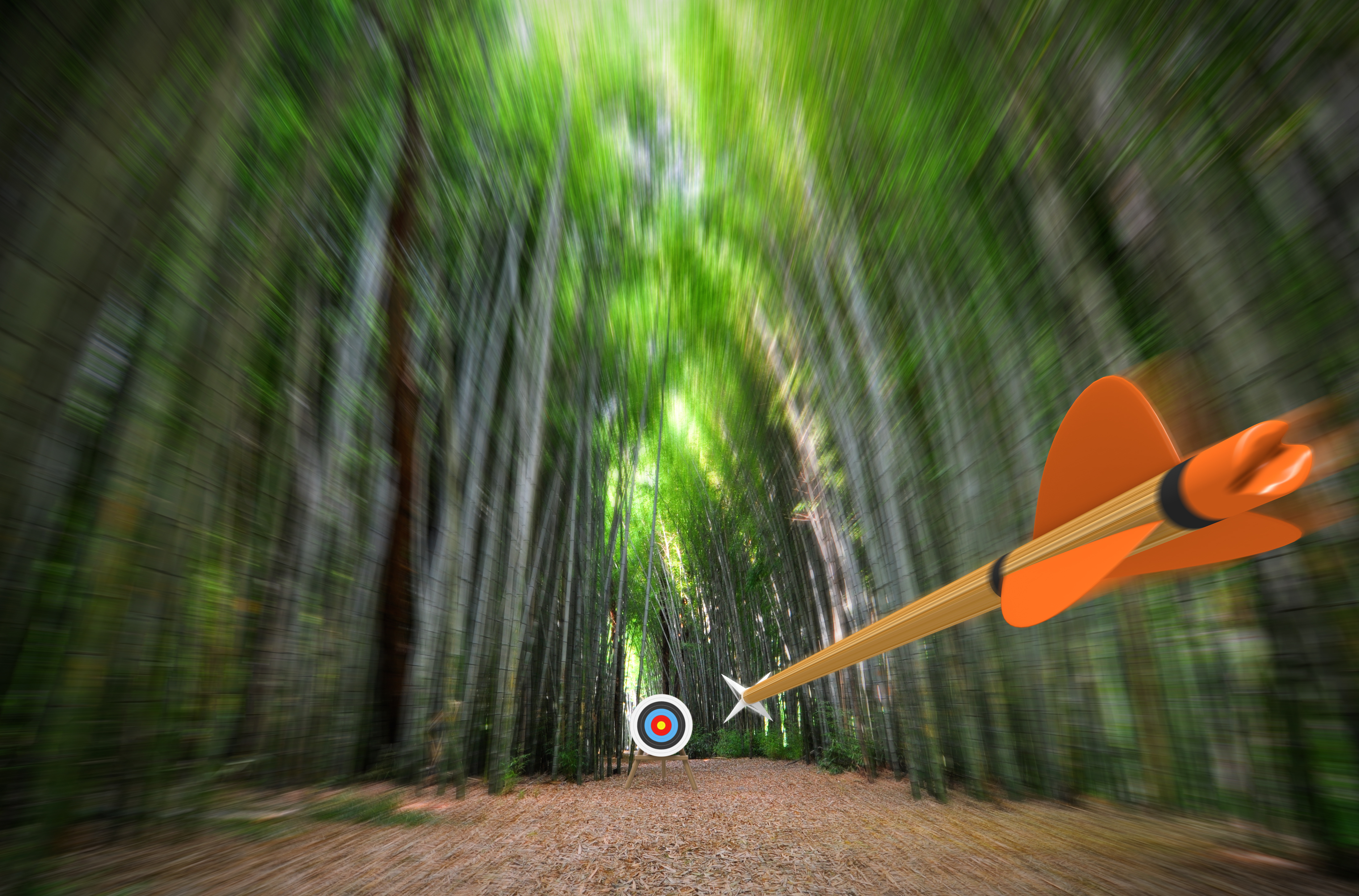 High speed arrow flying through blurred bamboo forest with archery ...